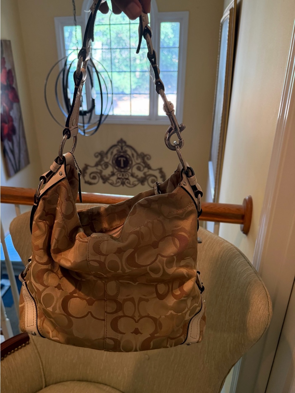 Coach Tan Signature Canvas Shoulder Bag with Cream Trim